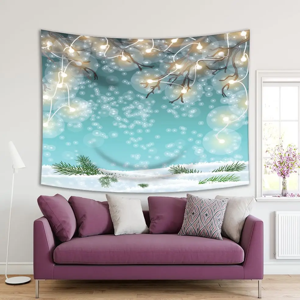 

Tapestry Christmas Winter Landscape Fir Branches Snow Covered Land Decorative Elements Tree Twigs Blue Green White Art Printed