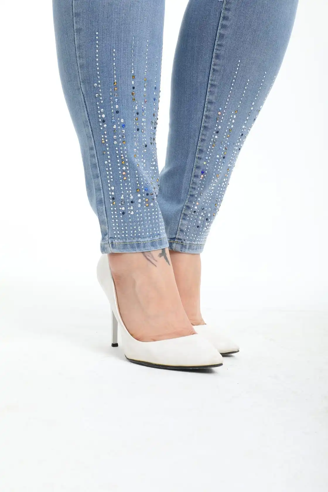 Diaves Women Plus Size High Waist Skinny Pearl Stone Pattern Detailed Blue Jeans