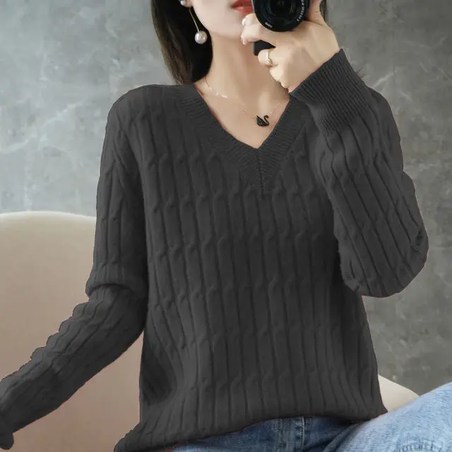 Winter New Fashion Loose Sweater Women Thick Solid Color V Neck Versatile Top Long Sleeve Bottoming Sweater