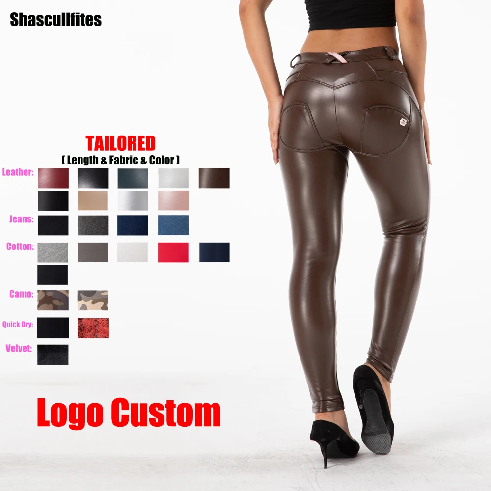 Shascullfites Melody Tailored Pants Women Logo Custom Middle Waist Brown Faux Leather Pants Butt Lift Jeans Leather Leggings