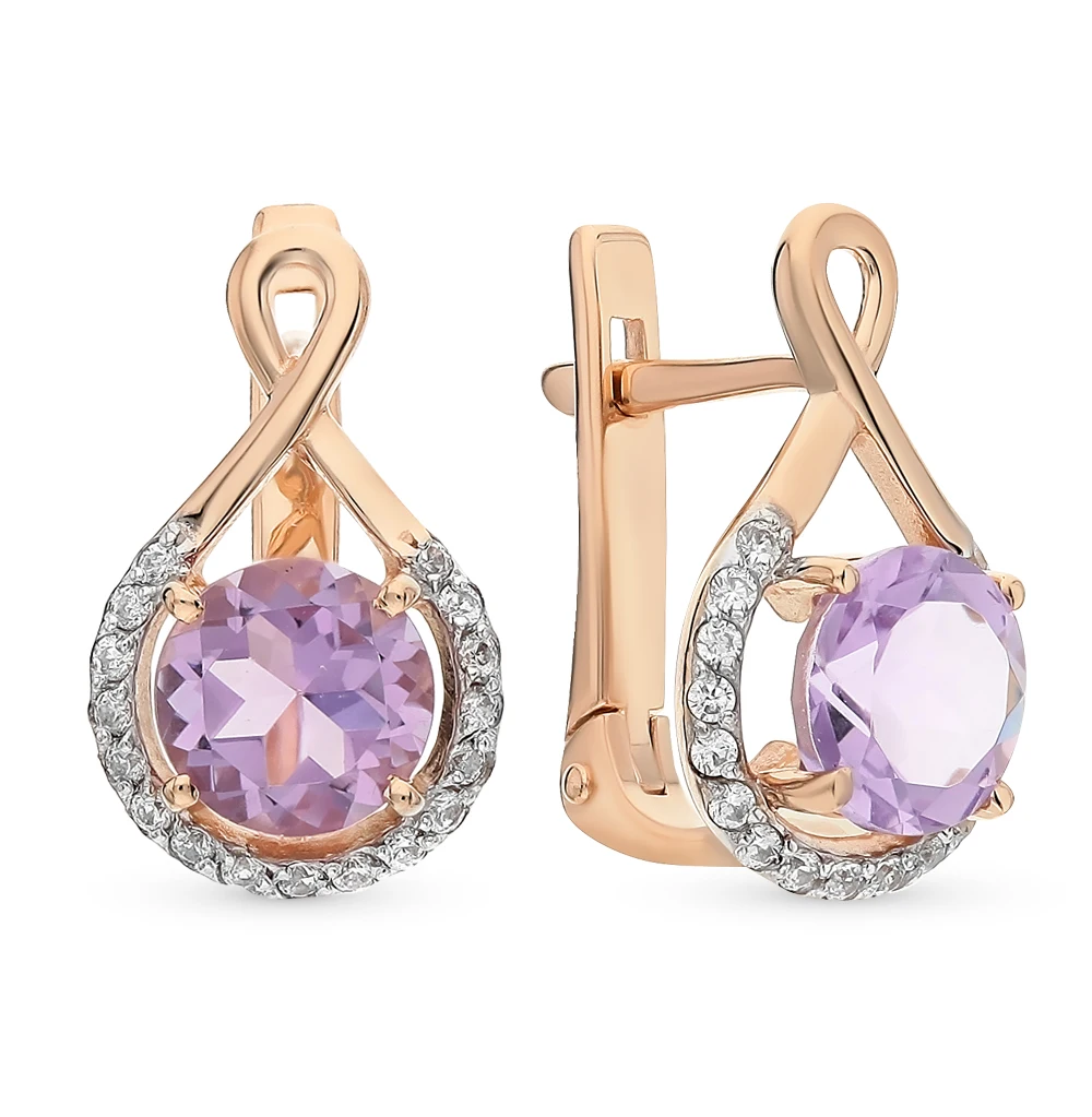 Золотые серьги с аметистом и фианитами SUNLIGHT проба 585 | Украшения аксессуары