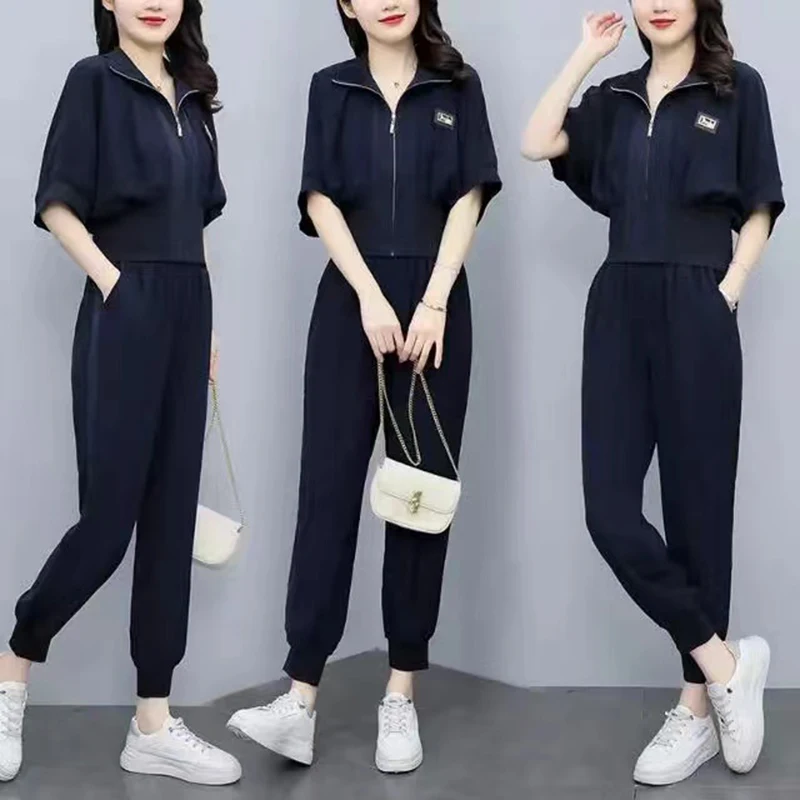 

Sportswear Women's Summer 2022 New Waist Closing Thin Coat Short Sleeve Nine Point Pants Leisure Sports Two-piece Set