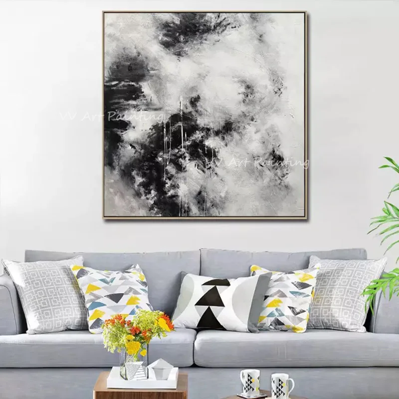 

100% Handmade grey and black ocean wave abstract square picture simple landscape Oil Painting Canvas Wall Art Gift Top Home Deco