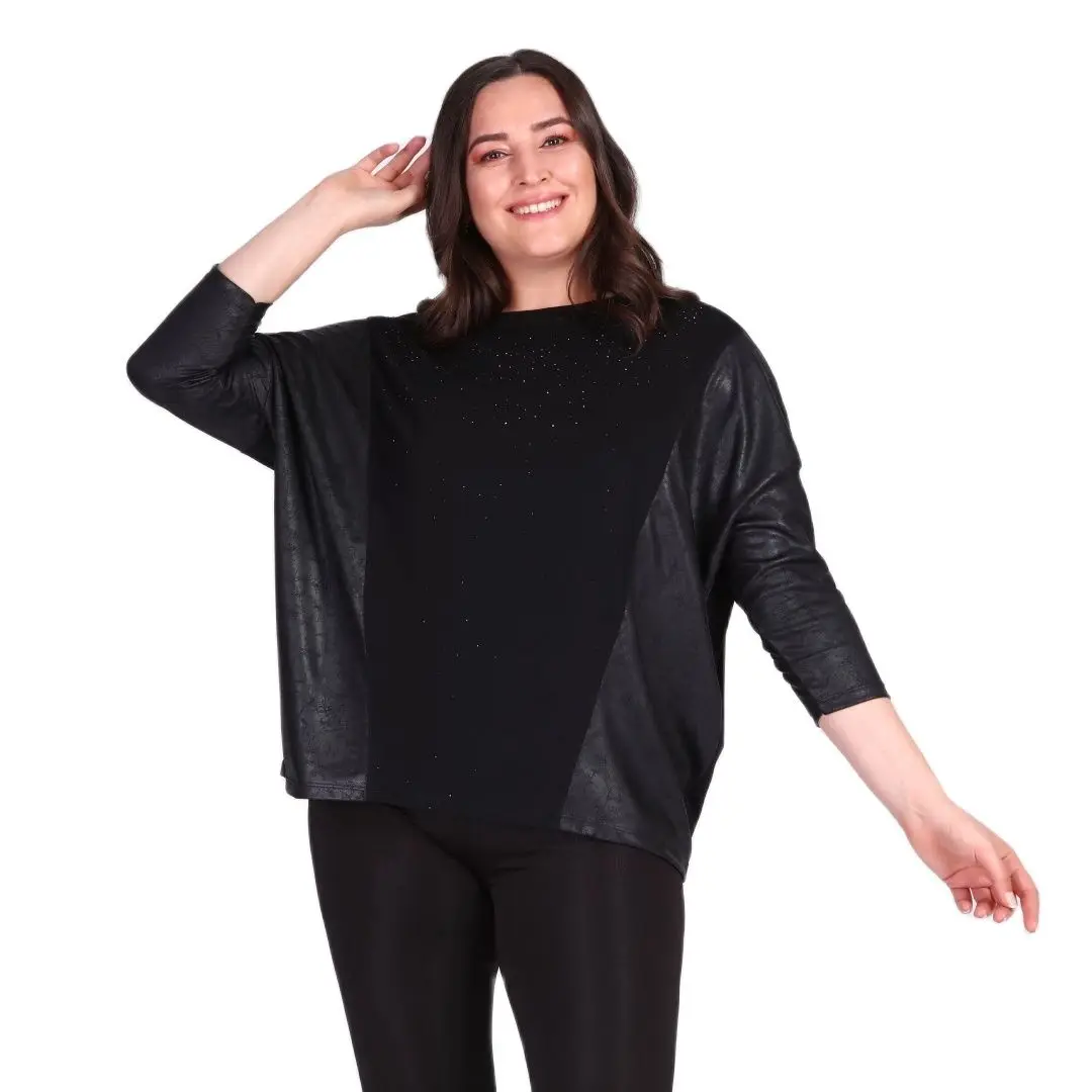 

Women’s Plus Size Leather Look Sleeve Detail Black Blouse, Designed and Made in Turkey, New Arrival