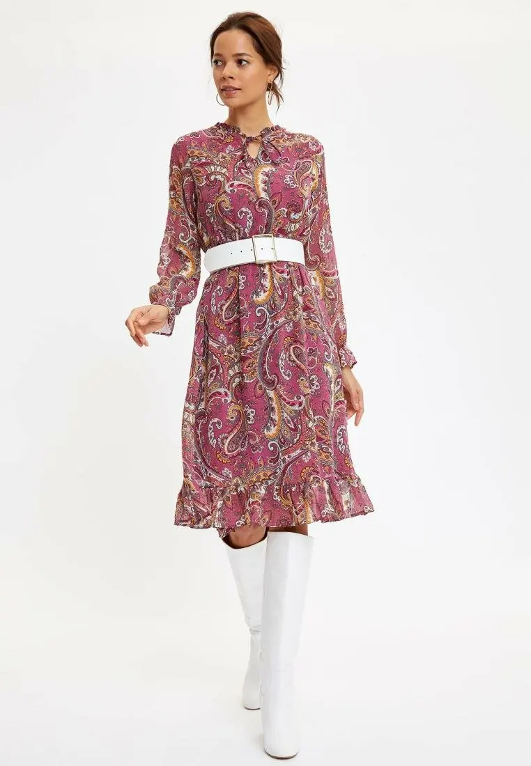 Женское шифоновое платье DeFacto повседневное с этническим принтом длинным рукавом