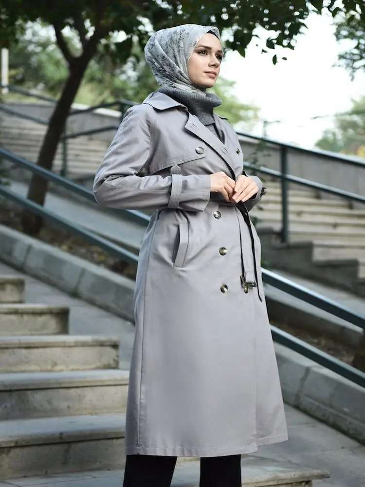 

Belted Trench Coat Shirt Collar Four Seasons Street Style Windbreaker Modest Islamic Outerwear Muslim Fashion 2021 Hijab