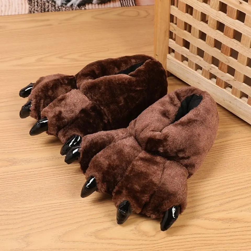 

Brown Furry Animal Paw Slippers Men's Winter Indoor Keep Warm Shoes Girls Boys Creative Fuzzy Bear Slippers For Home Funny Shoes