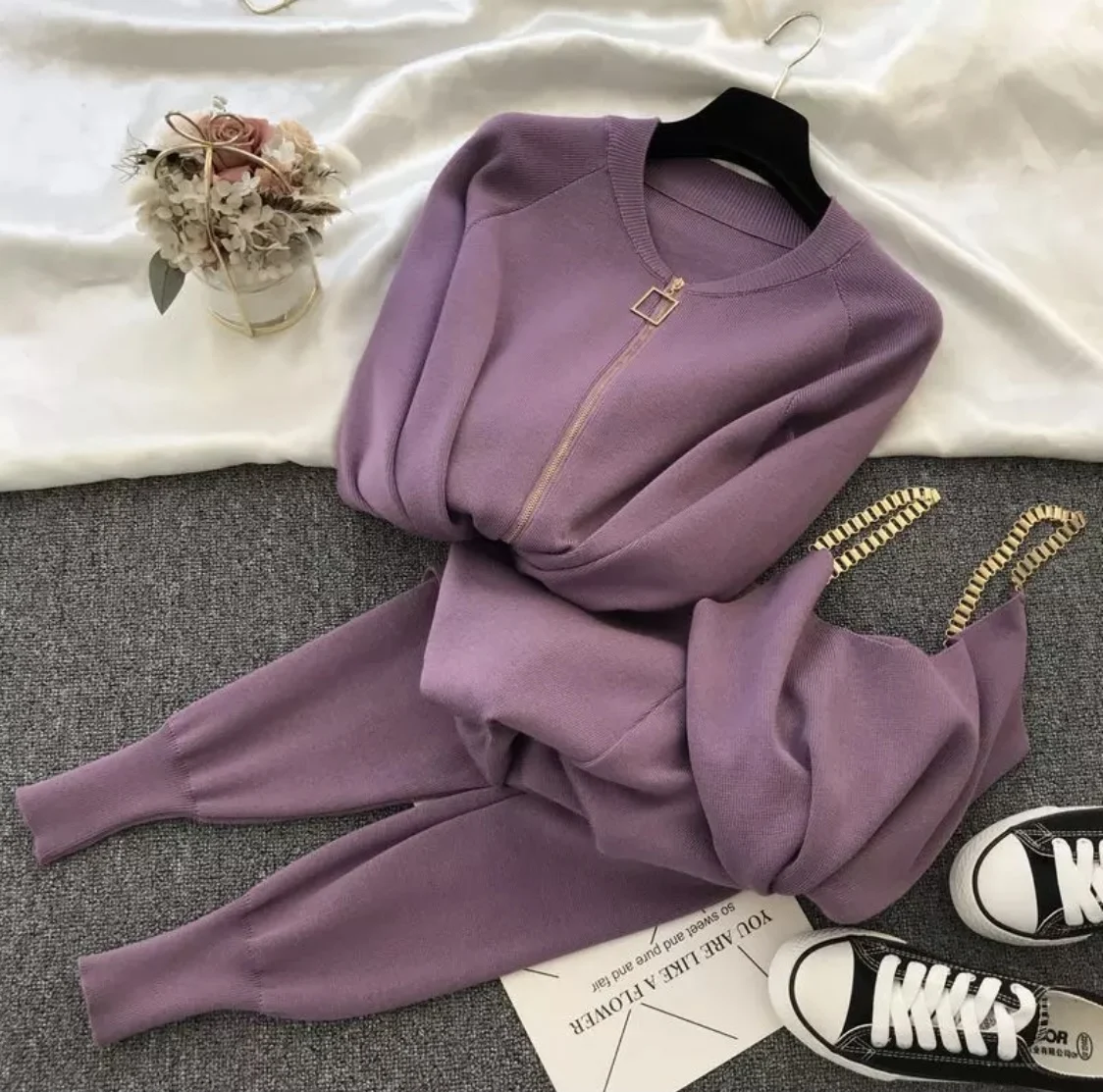 

Downtown Divas 2020 Winter Tracksuit Women Sweater Chain Vest Knitted +Elastic Pants+Coat Sexy Outfit