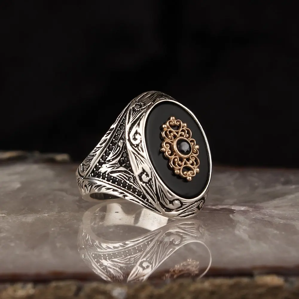 

Natural Onyx Stone 925 Silver Engraved Traditional Ring Handmade Turkish Signet Rings Rock Jewelry Gift for Women Men
