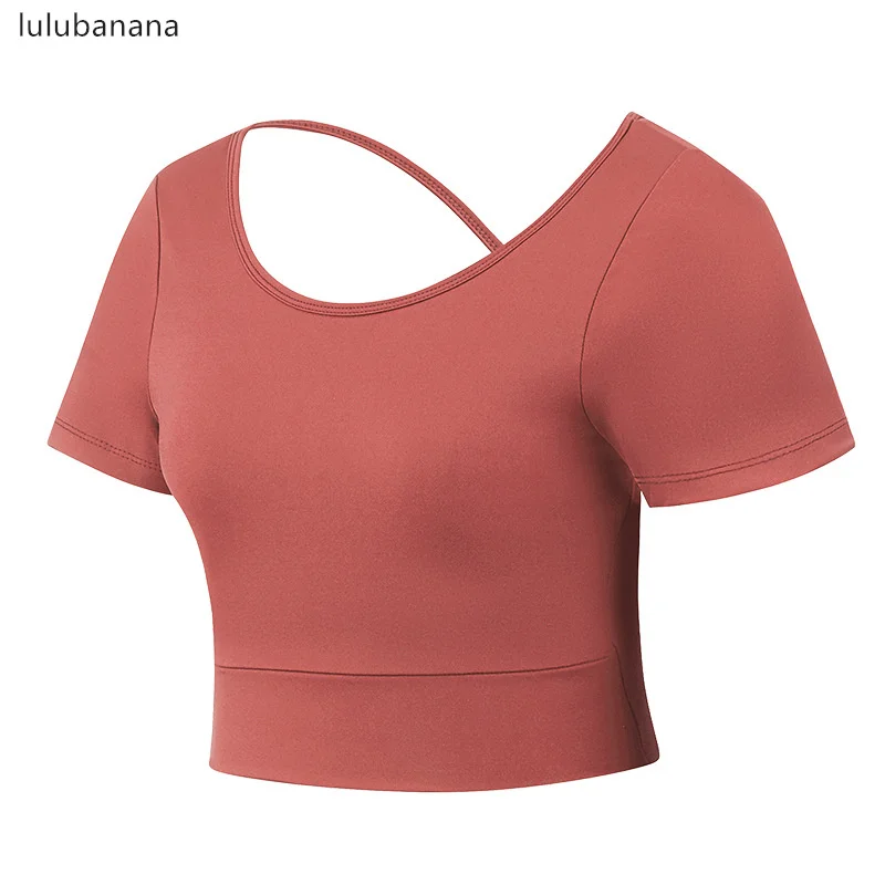 

lulubanana Womens Short Sleeve Sport Crop Top Cross Back Strappy Padded Backless Yoga Top Workout Fitness Shirt