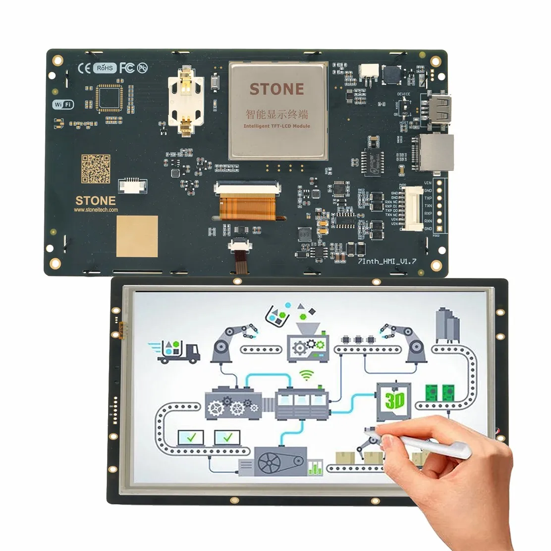 7inch TFT Panel reduce 90% of your development time and cost Fully compatible with RS232/TTL UART Interface & USB port