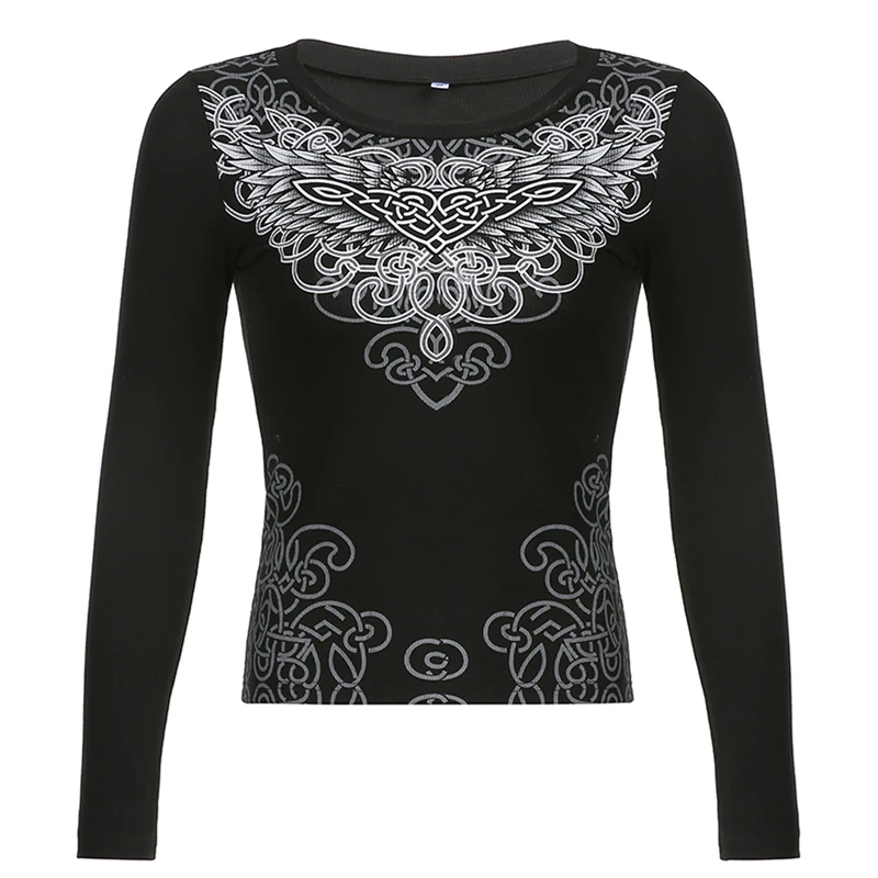 Xingqing Angel Wings Print Tops Fairy Grunge Graphic T Shirts Vintage Indie Aesthetic Clothes Cyber Y2k Slim Long Sleeve Top couple t shirt