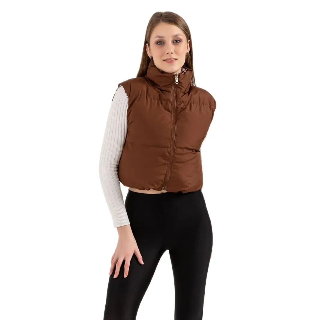 

DOUBLE-SIDED WEARABLE -BROWN AND PINK COLOR PATTERN-ADJUSTABLE ELICK ON THE SKIRT -SHORT INFLATABLE VEST