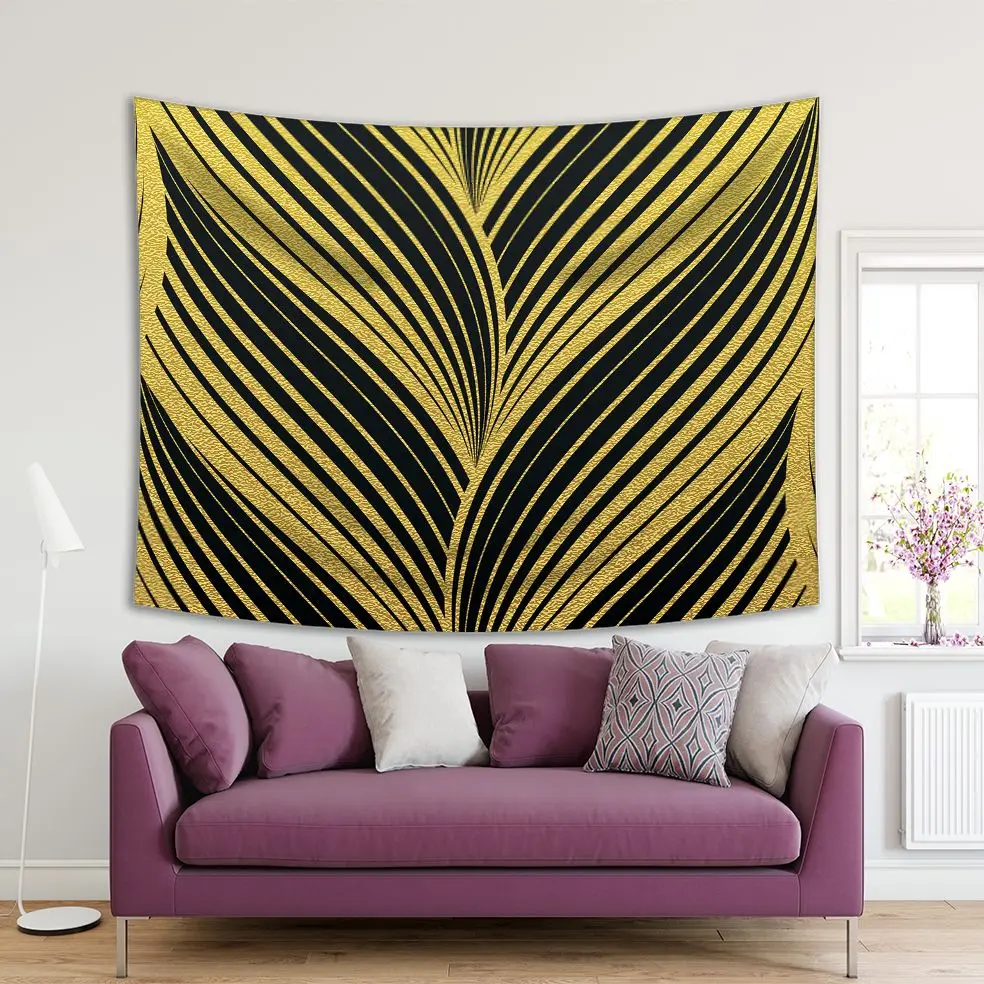 Гобелен Золотой лист узор на черном фоне Абстрактные Волны пышные линии стильные