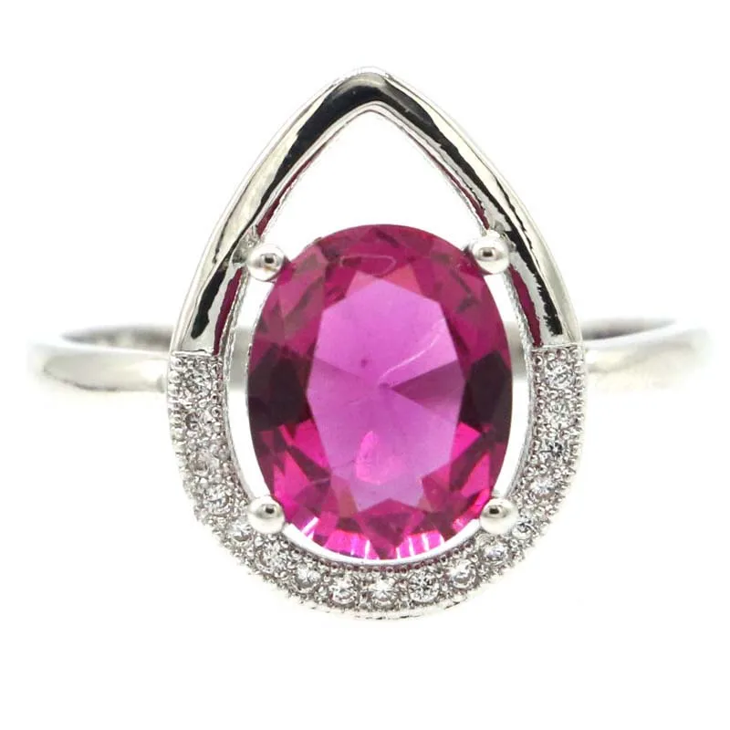 Роскошные серебряные кольца 17x13 мм с фианитом из розового турмалина в форме капли