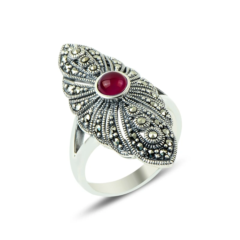

Серебряное 925 пробы кольцо из марказита и агата