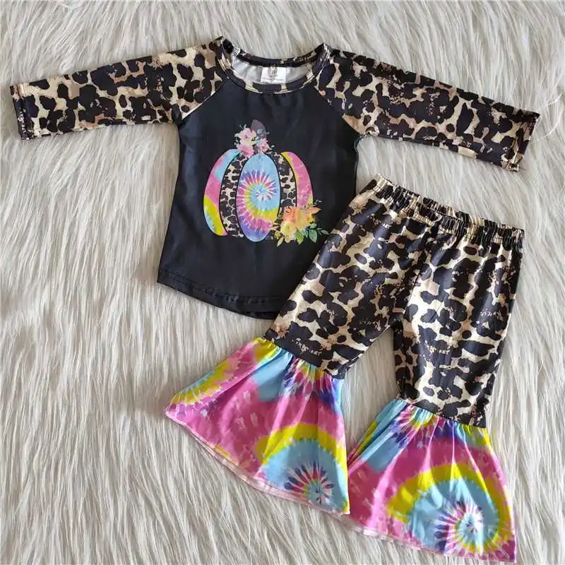 

New Baby Toddler Baby Girls Clothes Black Long Sleeve Pumpkin Leopard Print Colors Pants for Teens Kids Wear Hallowmas Day