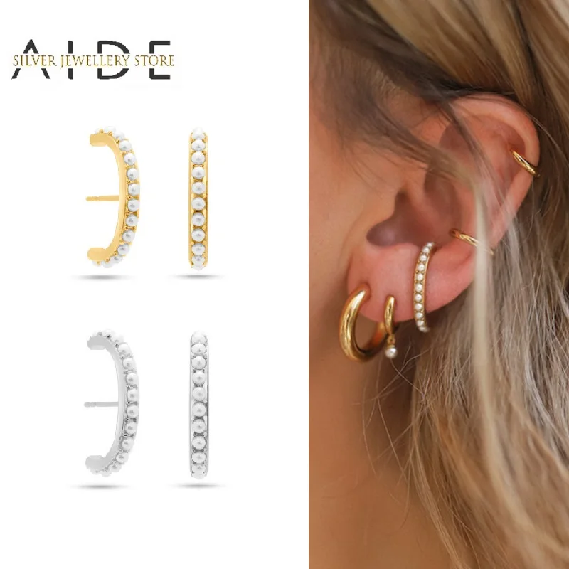 

AIDE Curved Pearls Strand Stud Earrings for Women Simple Helix Screw Piercing Earings 925 Sterling Silver Fine Jewelry kolczyki
