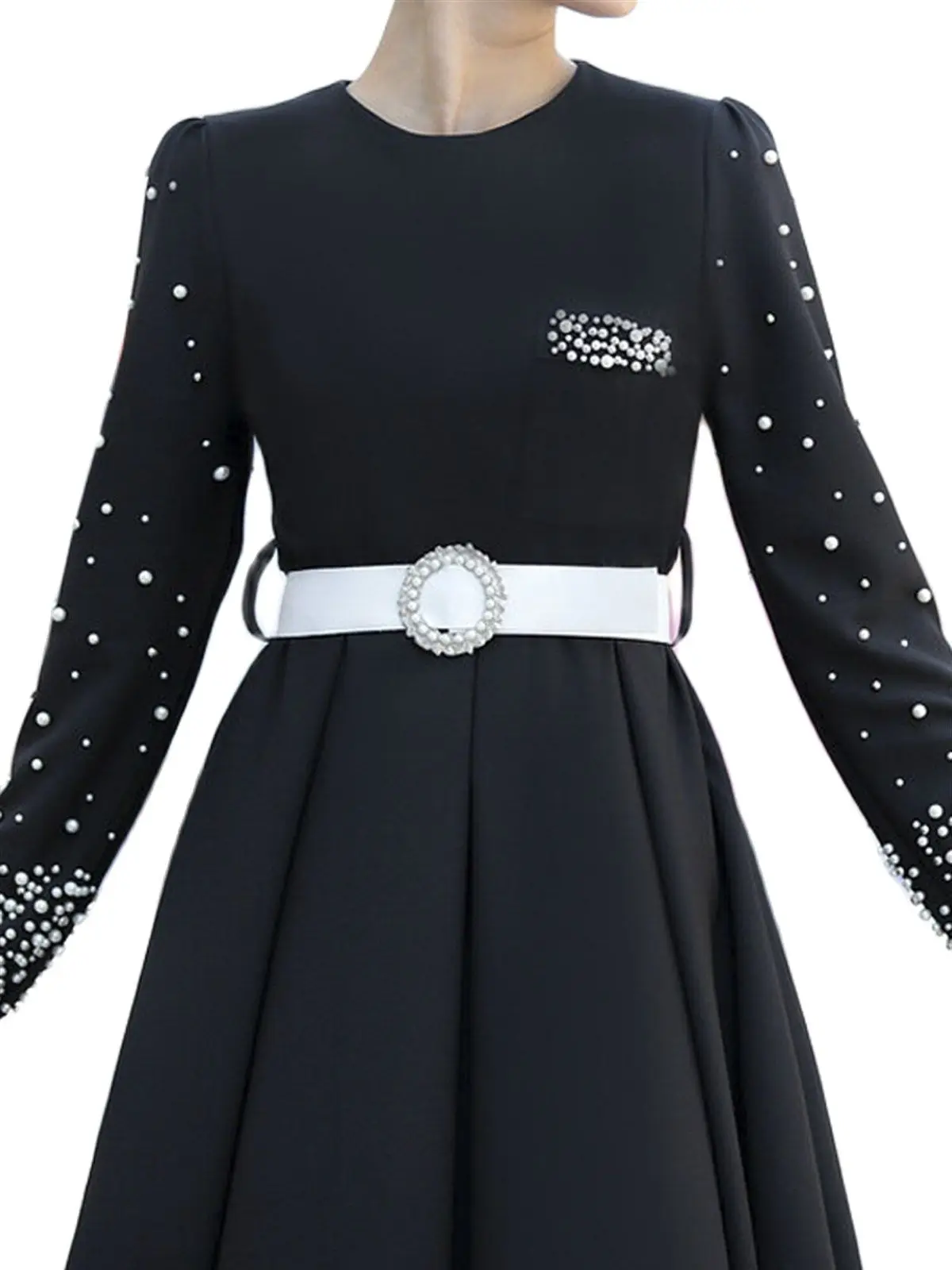 

Muslim Women Hijab Dress Pleated Pearl Design 2021 Women Evening Dress Belt Sash Chiffon Eid Mubarak Party Evening Long Dress Arabic Turkish Islamic Clothing