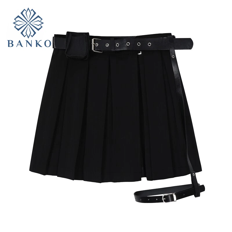 

2021 Punk Gothic Black Pleated Crop Skirts Women High Waist Belt Tide Grunge Goth Sexy Skirt Summer Y2K Fashion Egirl Clothes