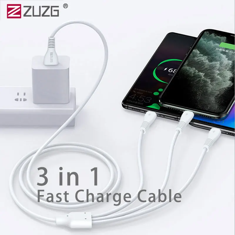 

ZUZG Super Charge 3 in 1 USB Cable for Huawei for iPhone 13 12 11 Pro 3in1 2in1 Fast Charge 8 Pin Micro USB Type C Cable Samsung