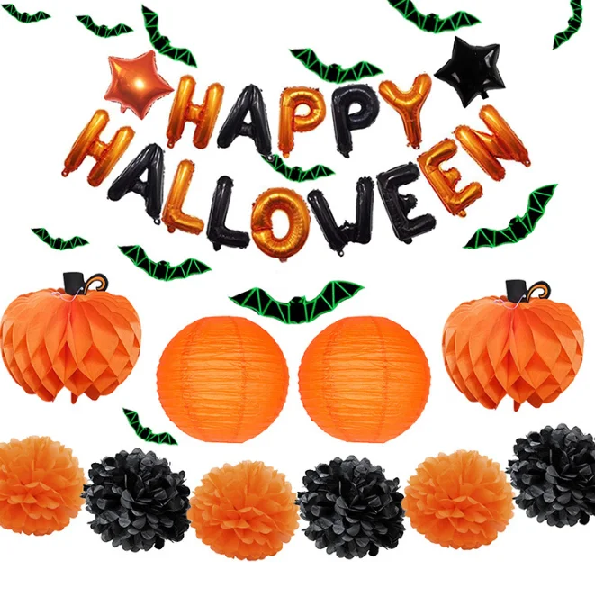 

Halloween Party Decoration Supplies Kits Latex Balloons Paper Flowers Lanters Black Orange Color House Decor Party Favors