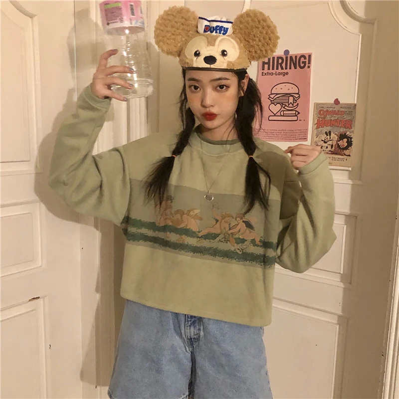 Ангелы мультфильм печати Harajuku Осень и зима толстый женский укороченный свитер корейский стиль свободный негабаритный пуловер