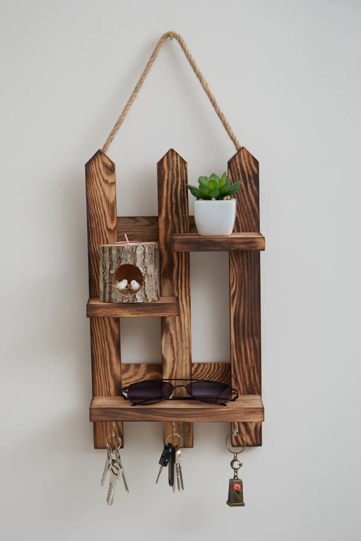 

Tumbled Wood Shelf and Keychain Key Hanger Wall Holder Organizer Rectangle Shape Key Tumbled Wood Home Decoration