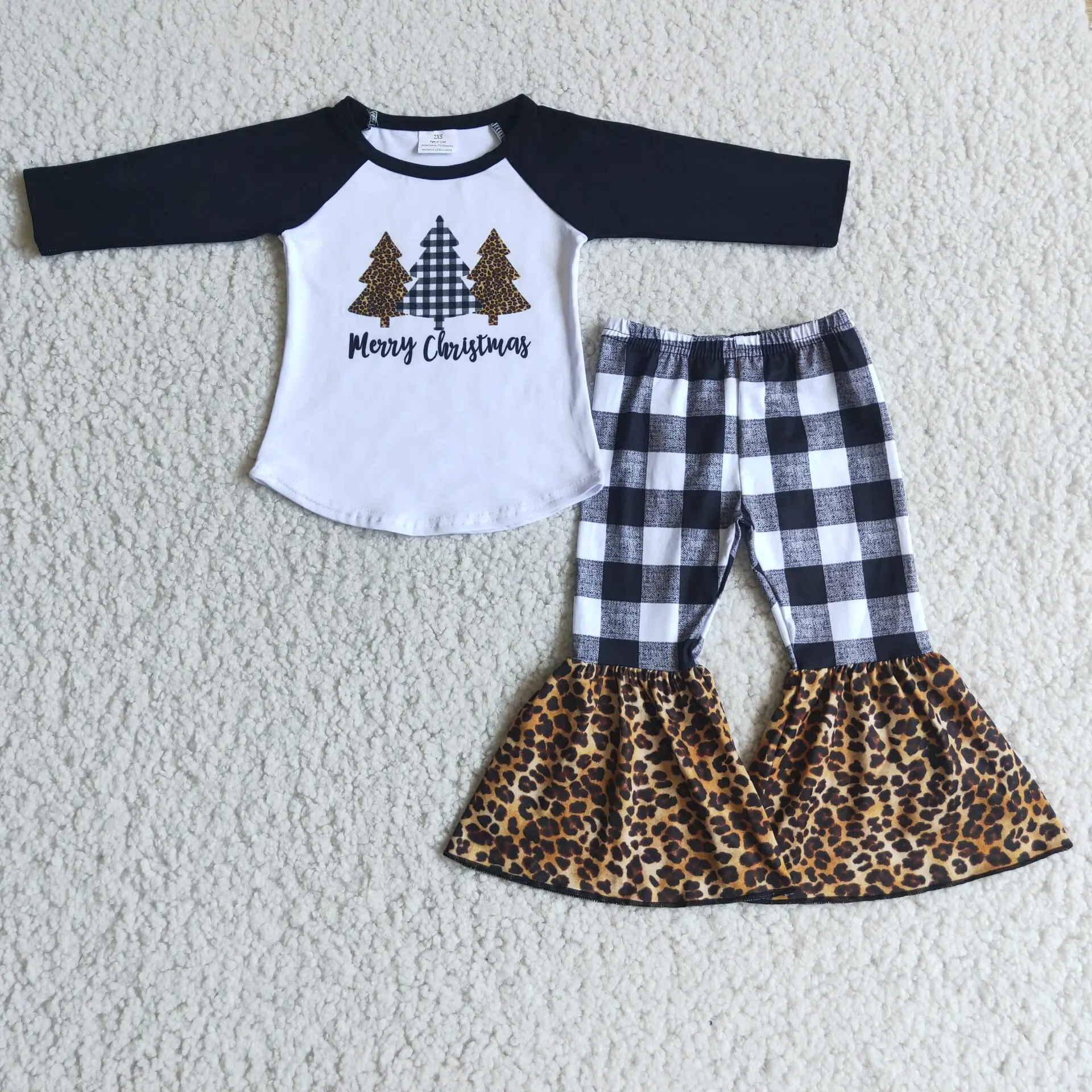 

Autumn Winter Girl's Three Christmas Trees Black and White Plaid Flare Pants Set Kids Clothing