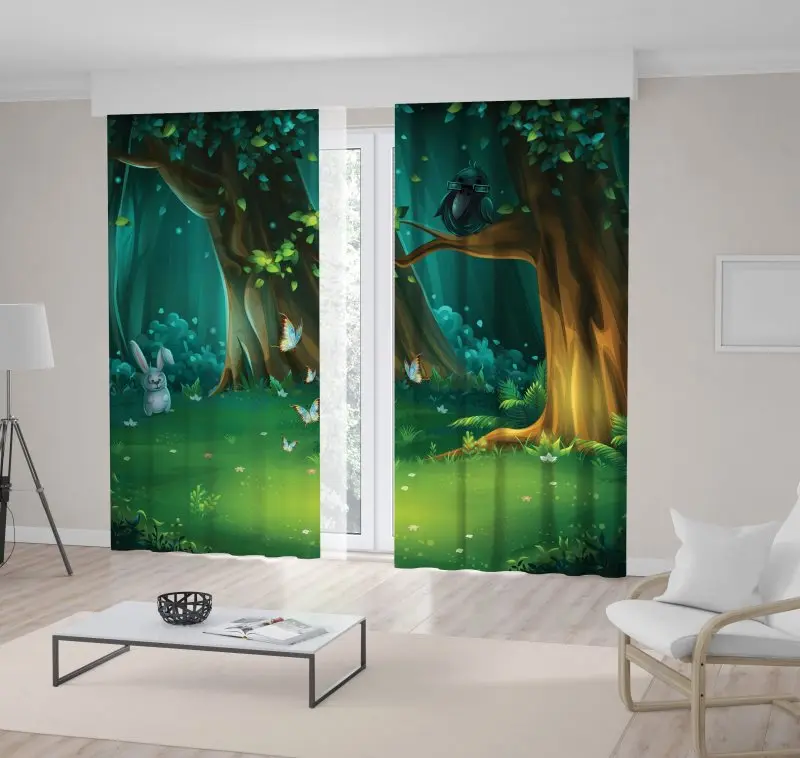 

Curtain with Forest Trees Falling Leaves Rabbit Butterflies and Crow in Glasses Night Wild Nature Cartoon Green Brown