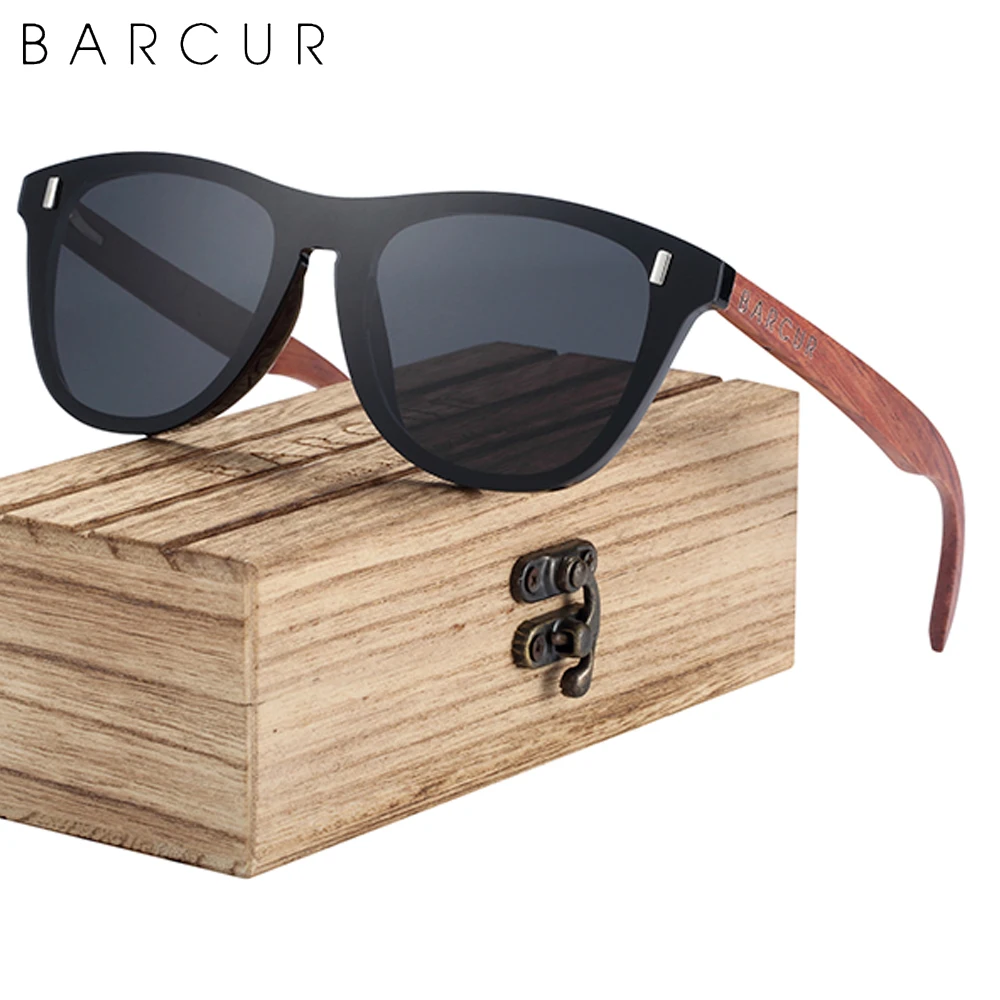 

BARCUR Natural Wood Temple Brand Designer Sun Glasses Men Polarized Women Fashion Sunglasses Mirror Shades UV400 Free Wood Box