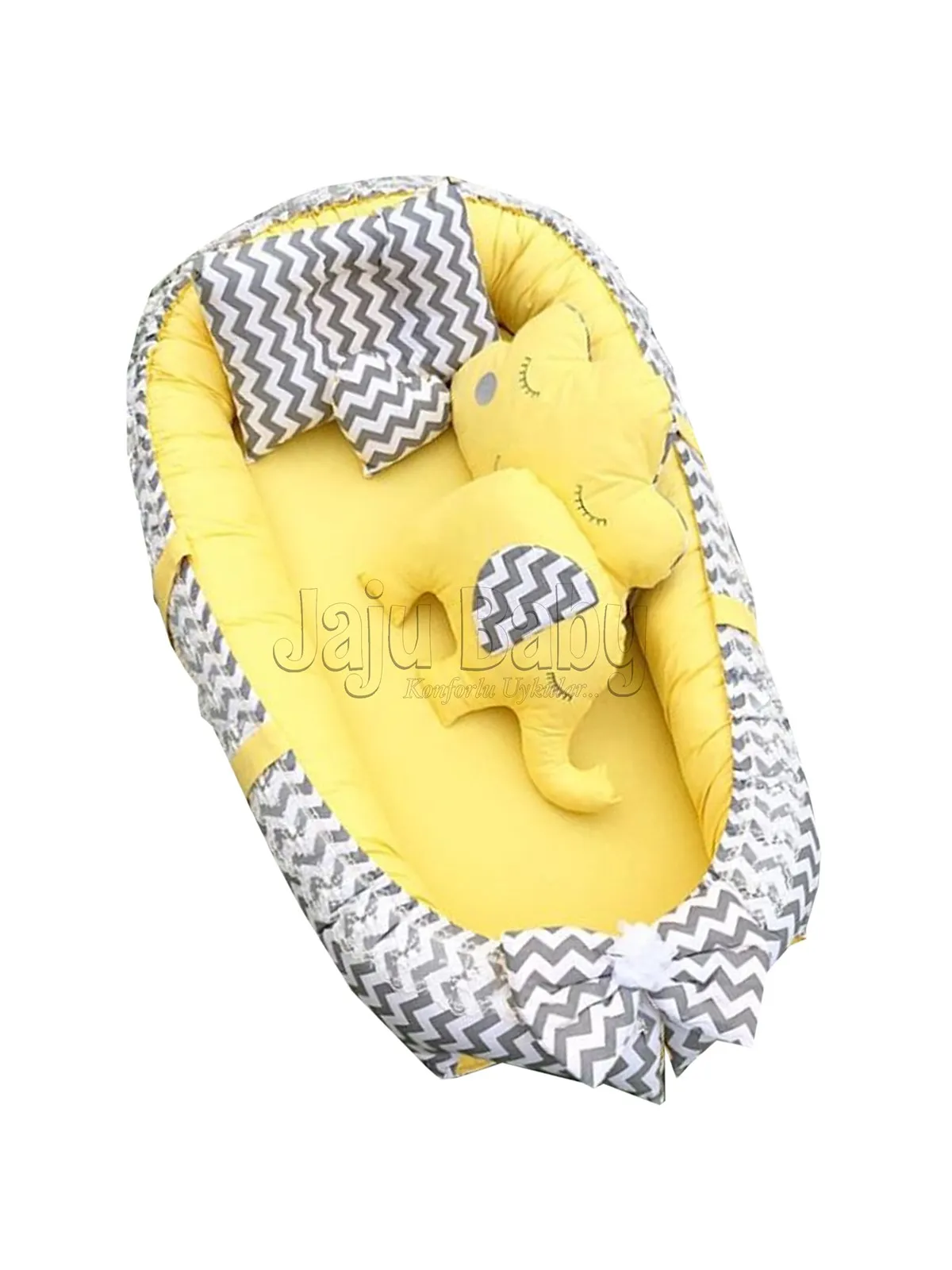 Jaju Baby Handmade, Gray Zigzag and Yellow Patterned 5 Piece Babynest Set Little Heart GIFT! Mother Side Portable Baby Bed