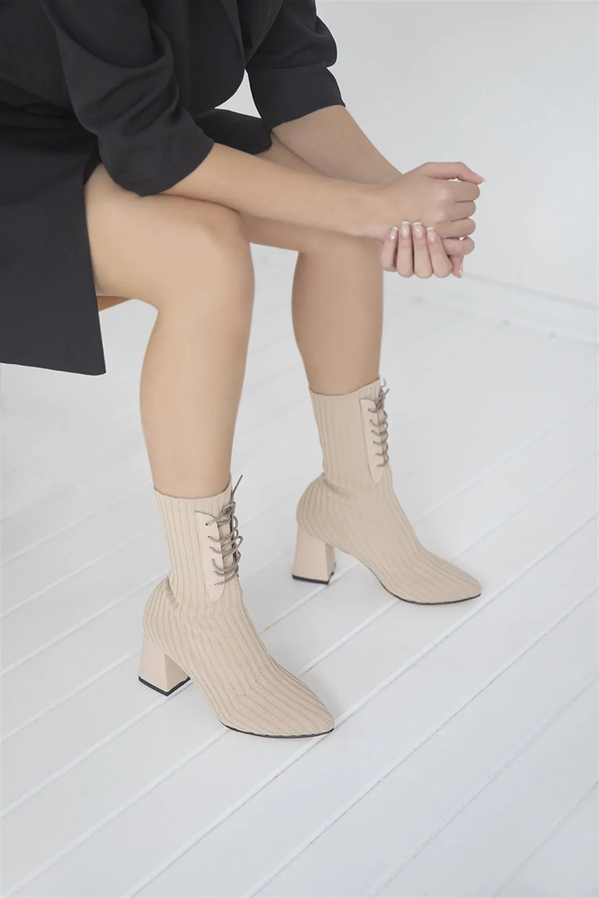 

Handmade Shoes Women's Heeled Stretch Knitwear Boots Nude Color