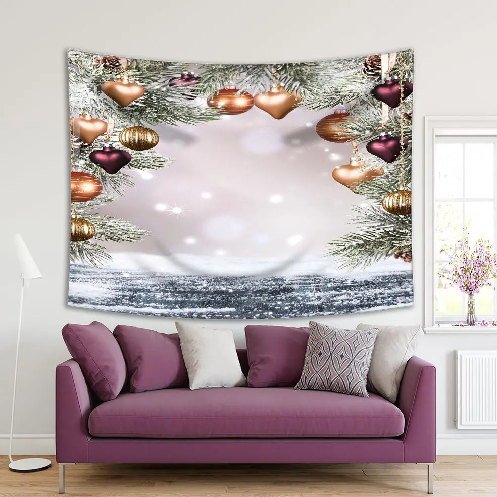 

Tapestry Christmas Holiday Decoration with Fir Branches Balls Heart Shaped Ornaments Snow Covered Land White Gold Art