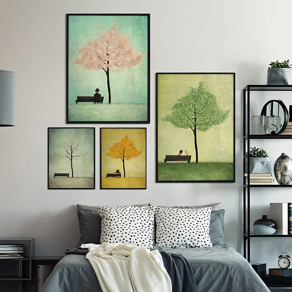 

Abstract Trees Drawing Poster and Prints Seasons Landscape Canvas Oil Painting Modern Wall Art Home Decor Unique Gift Unframe