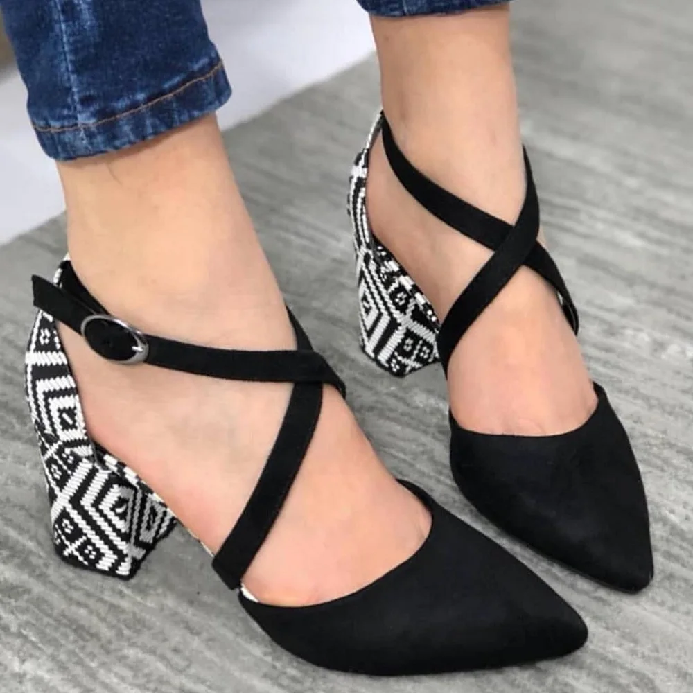 

MST-1041 Bayan Classic Thick short heels casual shoes women's cross band buckle 34-42 numaralar stiletto