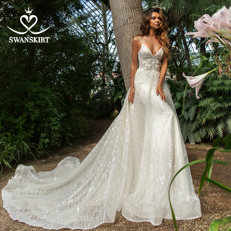 Swanskirt Boho лиф сердечком, Кружевная аппликация свадебное платье изящное с открытой спиной ТРАПЕЦИЕВИДНОЕ платье для невесты принцессы Vestido de Noiva F110