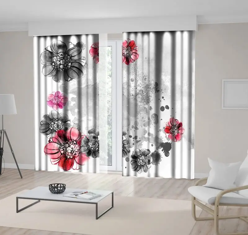 

Curtain Blossom Flowers Retro Grunge Style Paint Splashes Floral Watercolors Artwork Red Pink Black