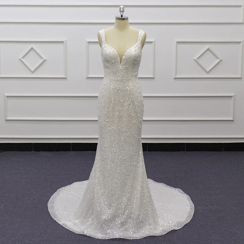 

Eslieb Design Bridal Gown Lace with Pearl High Quality Cape Vestito da sposa Wedding Dress Sheer Zipper SJ546