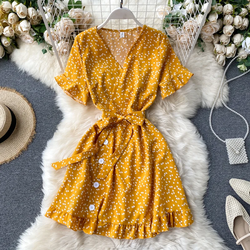 

Summer Women Korean Bohemian Dot Dress Vintage Robe Flare Sleeve V Neck Short Sleeves Casual Chiffon Beach Dress Floral Boho
