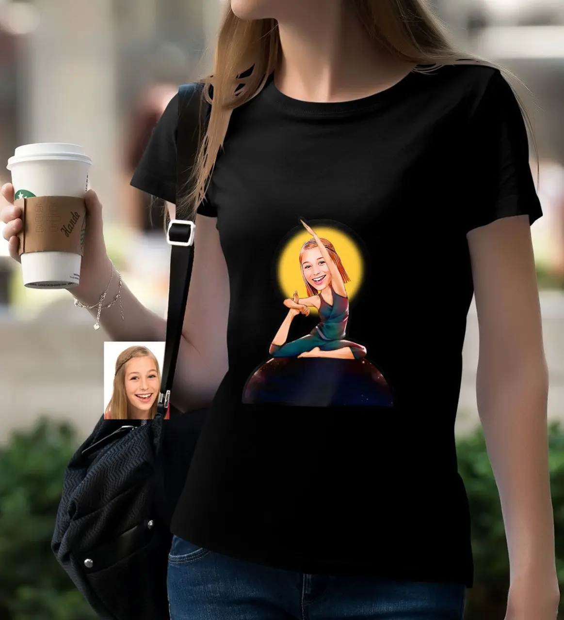 

Персонализированная Женская Йога карикатура черного T-Shirt-2