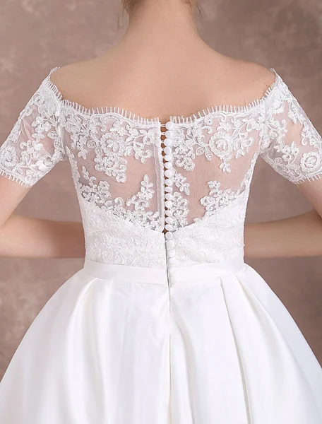 

Short Wedding Dresses Vintage Bridal Dress 1950's Bateau Lace Short Sleeve Ivory Bow Sash Tea Length Wedding Reception Dress