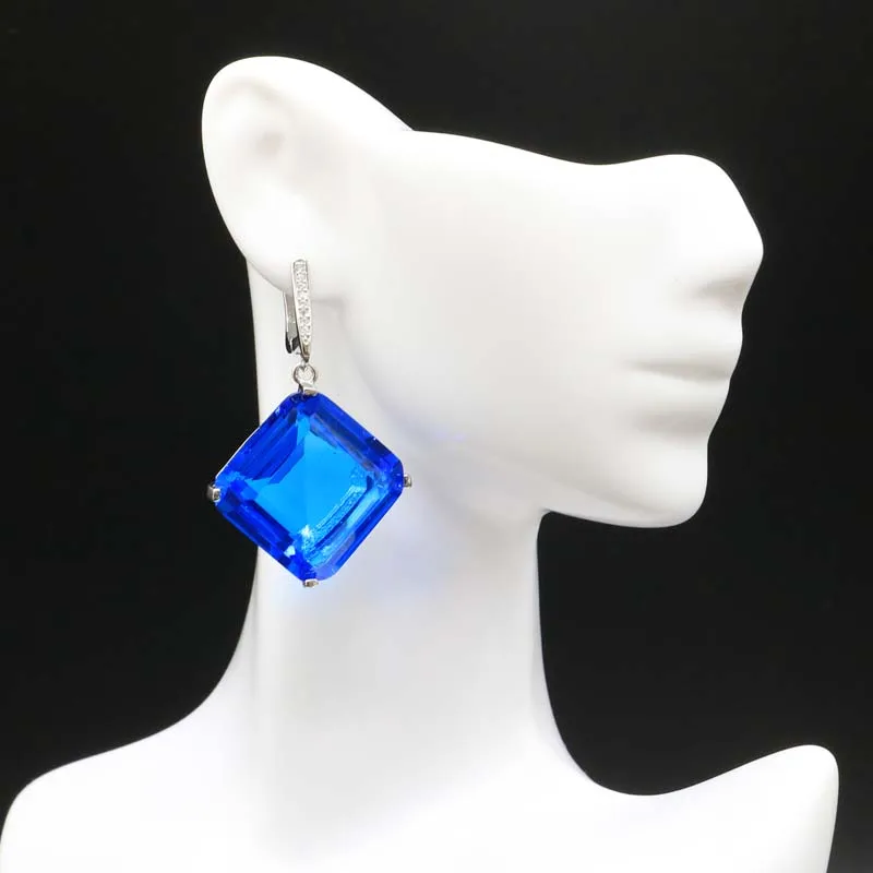 45x22mm Big Heavy 20g European Style Created Paris Blue Topaz CZ Christmas Present Silver Earrings