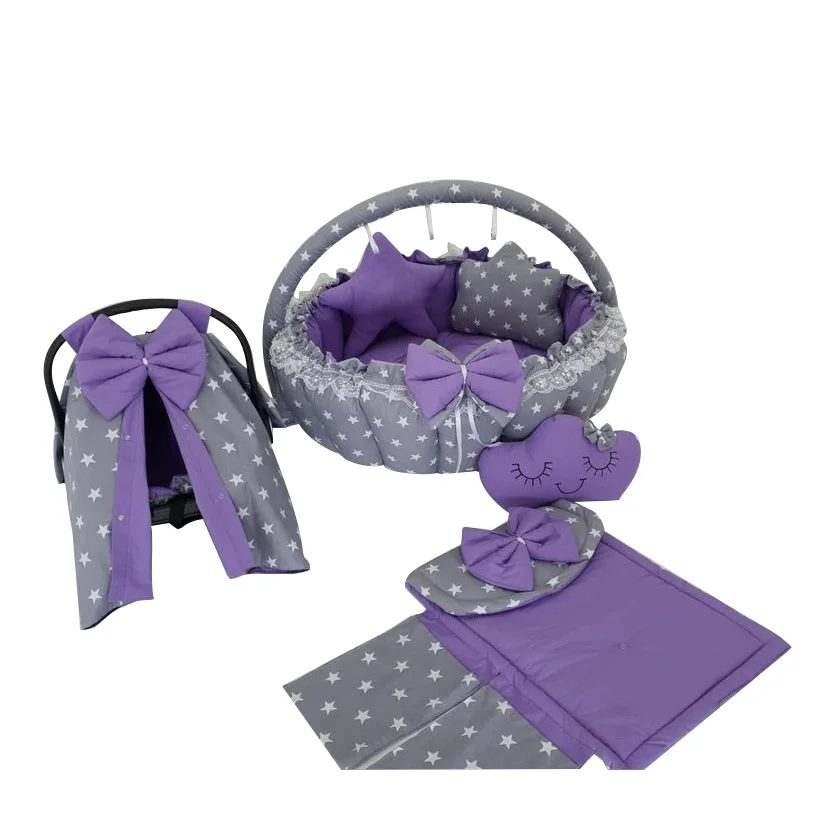 Jaju Baby Handmade Purple and Gray Starry Design Luxury Play Mat and Babynest 8 Piece Set Portable Baby Bedding Set Mother Side