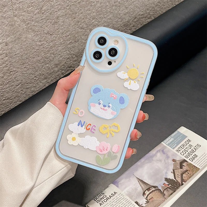 Cute Bear Flower Oil Painting Phone Case For iphone 13 12 11 Pro Max X XR XS Cover Fashion Cartoon Clear Soft Silicone Cases |