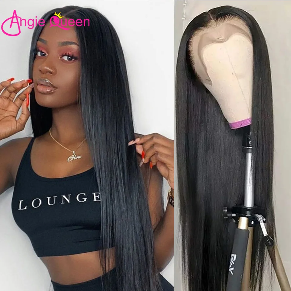 Angie Queen 13x4 Lace Frontal Wig Straight Pre Plucked Lace Front Human Hair Wigs Brazilian Remy 30 Inch Lace Wigs For Women