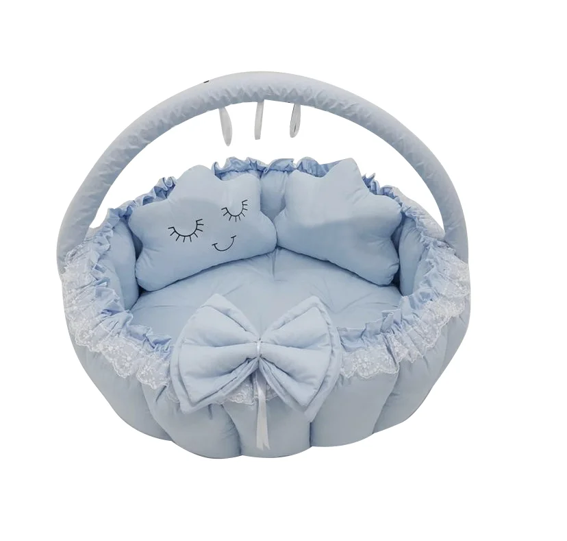Jaju Baby Handmade Blue Design Luxury Play Mat and Babynest 4 Piece Set Portable Baby Bedding Set Mother Side Newborn Slepping