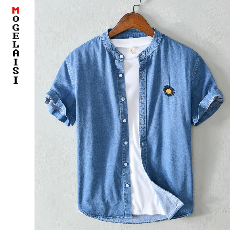 Мужская джинсовая рубашка с коротким рукавом повседневная синяя из 100% хлопка