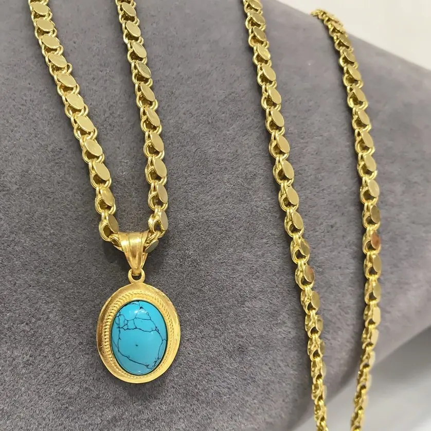 

60 cm Barley Chain Small Turquoise Stone Green Almond Shekels Silver Necklace
