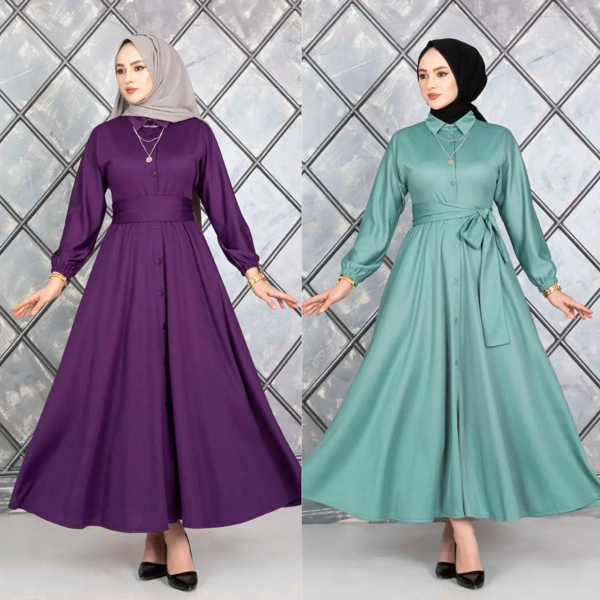 Платье с поясом длинным пуговицами и эластичным рукавом круглым вырезом |